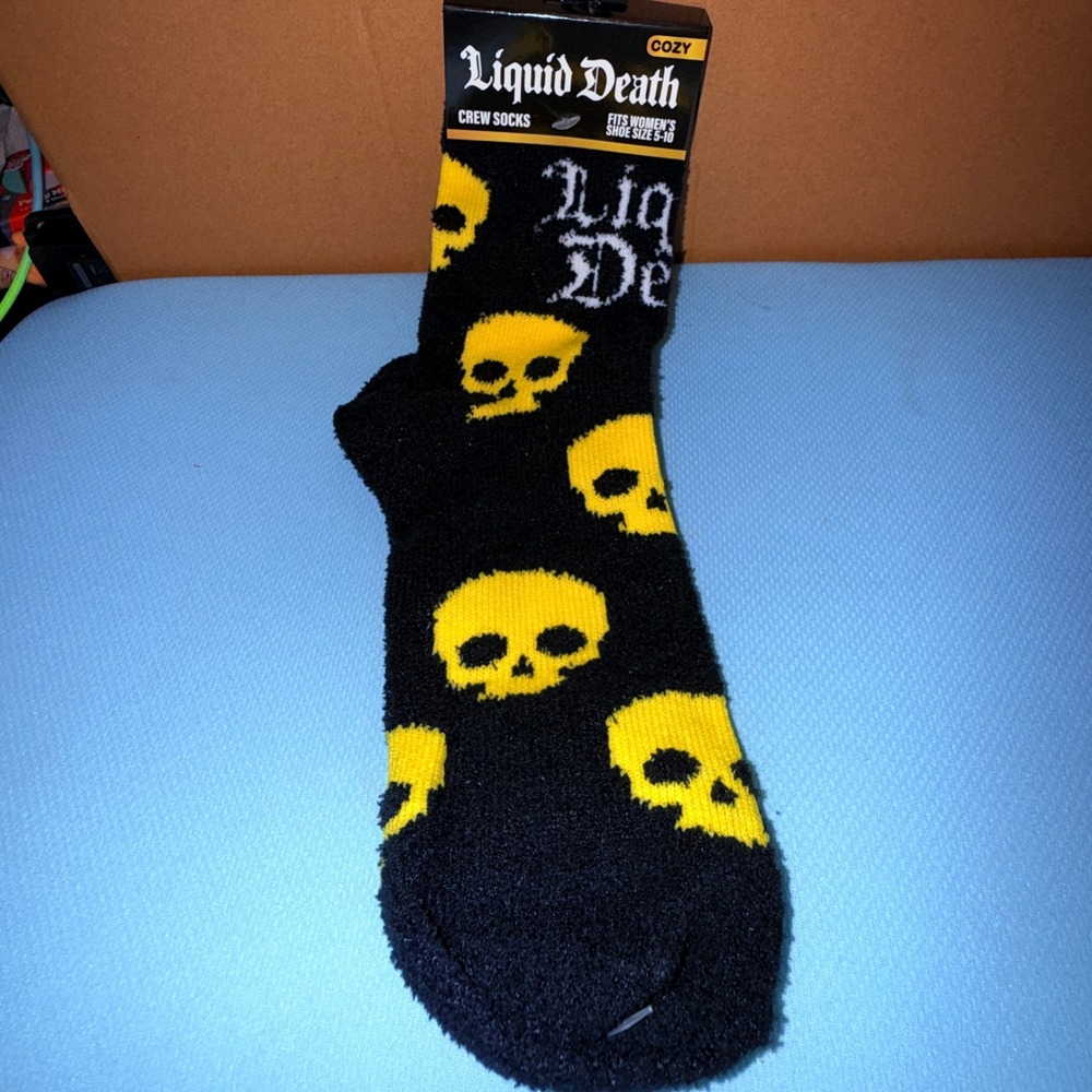 Liquid Death Crew Socks Shoe Size 5-10 NEW Cozy Black Yellow Skull